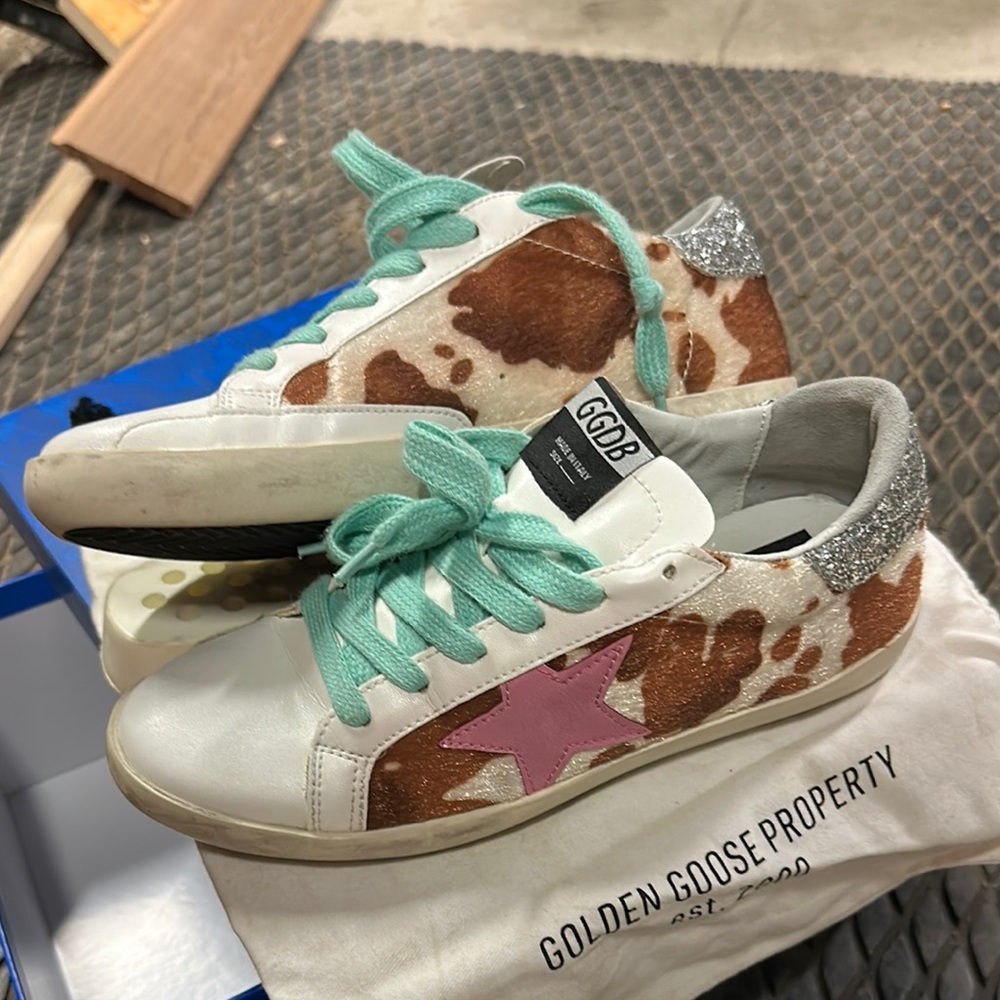 Golden Goose Cow Print Sneakers with Pink Star